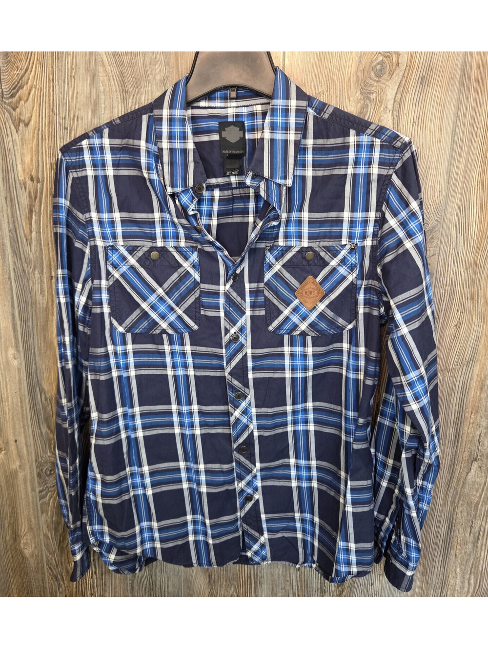 Harley-Davidson Motorcycle Long Sleeve Button Shirt Size Lrg Blue Black Plaid